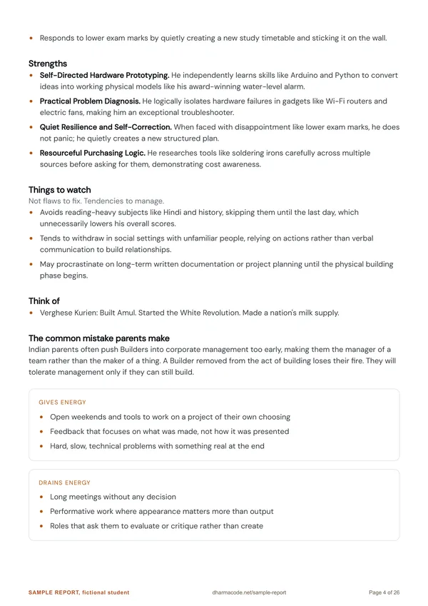 Sample report page listing the child's strengths, things to watch, and what gives and drains energy.