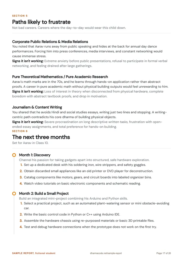 Sample report page with paths likely to frustrate and the first two months of the three-month action plan.